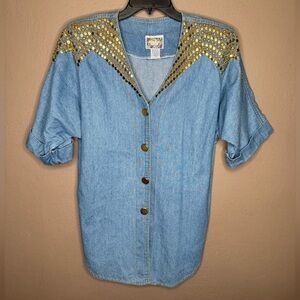 Monique Fashions Vintage Denim Cotton Shirt w/Gold Shoulder Embellishments Size8